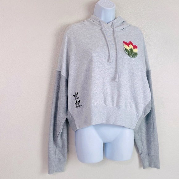Adidas Grey Logo Play Cropped Hoodie Size L - Picture 2 of 10